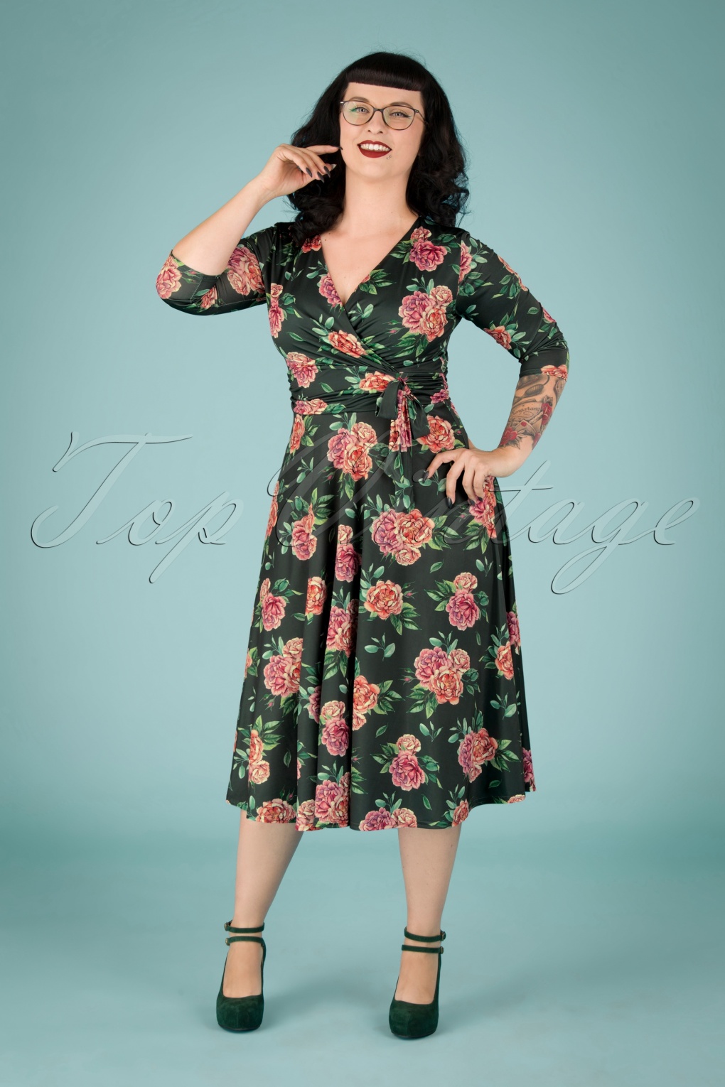 50s Phileine Floral Cross Over Swing Dress in Green
