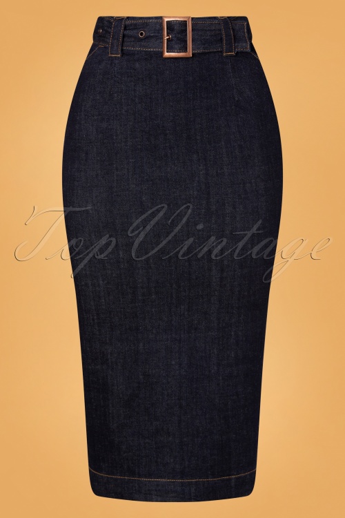 Queen Kerosin - 50s Damen Pencil Belt Skirt in Dark Blue Wash