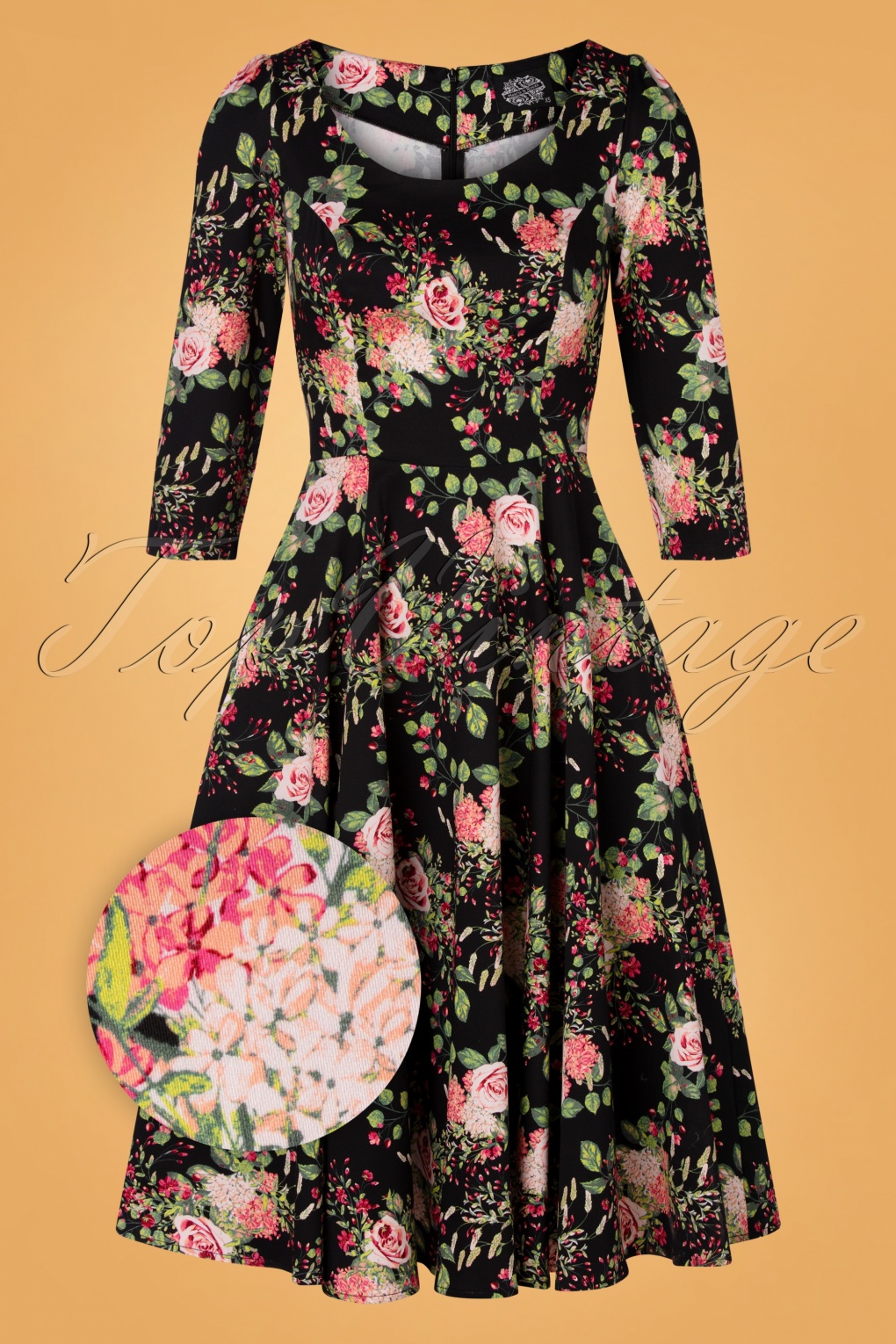 50s Nora Floral Swing Dress in Black