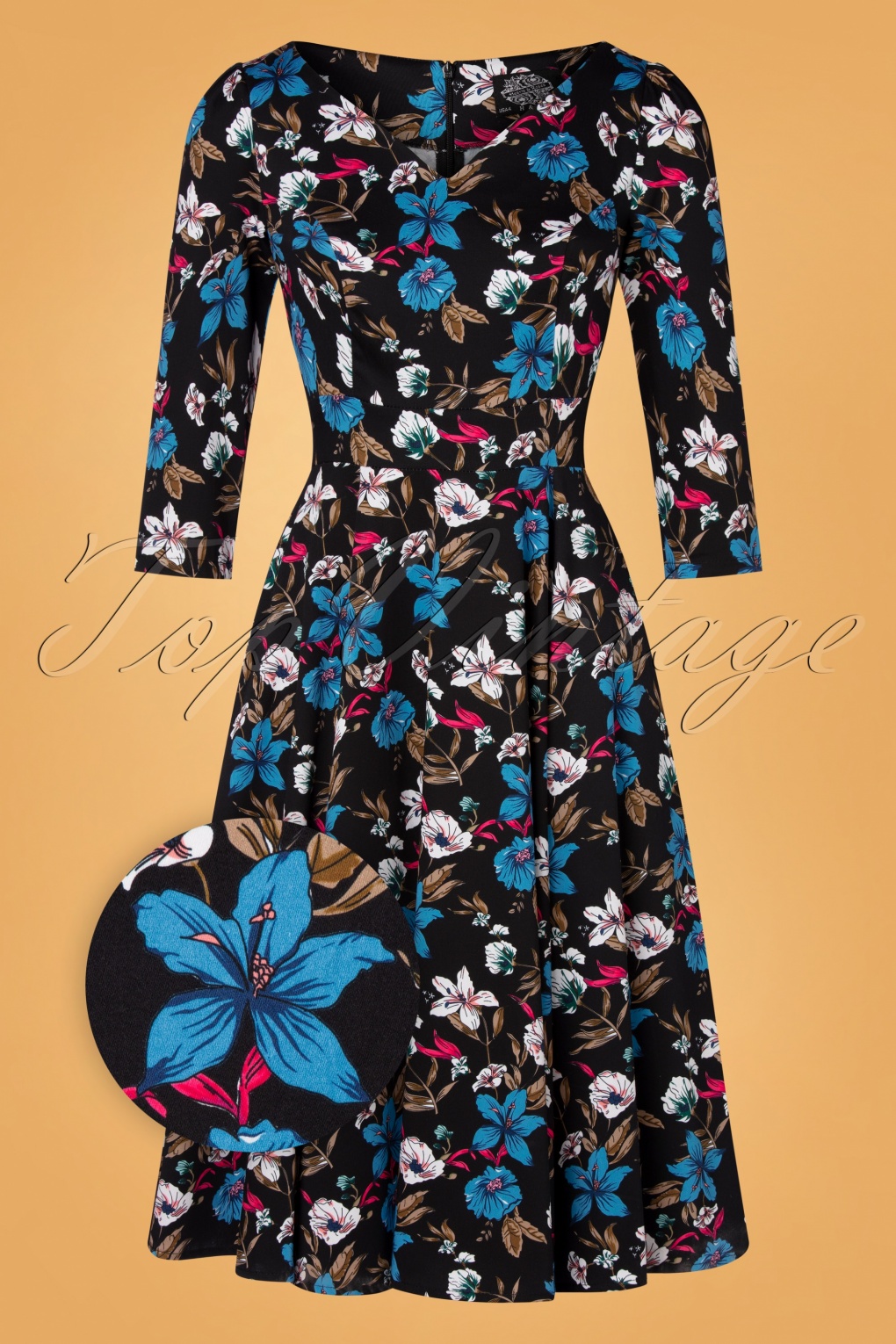 50s Stacy Floral Swing Dress in Black