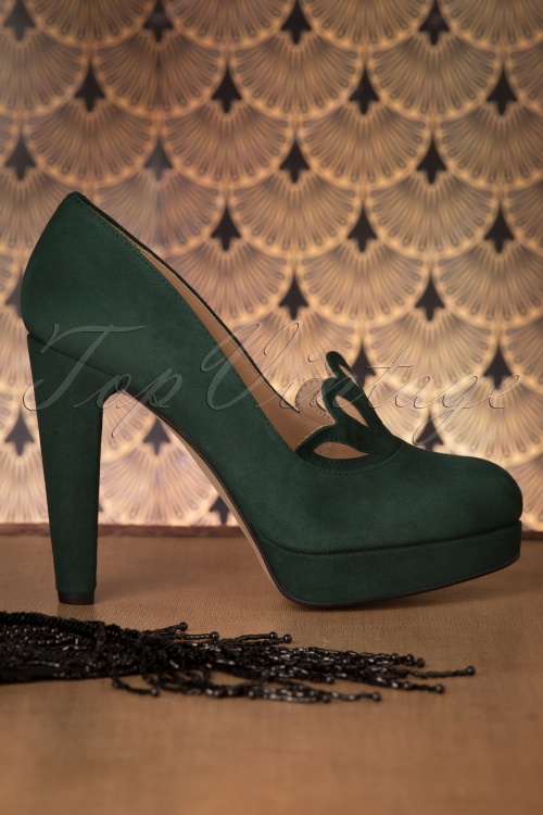 Topvintage Boutique Collection - Escarpins Compensés Mae Art Deco Années 20 en Vert Militaire 5