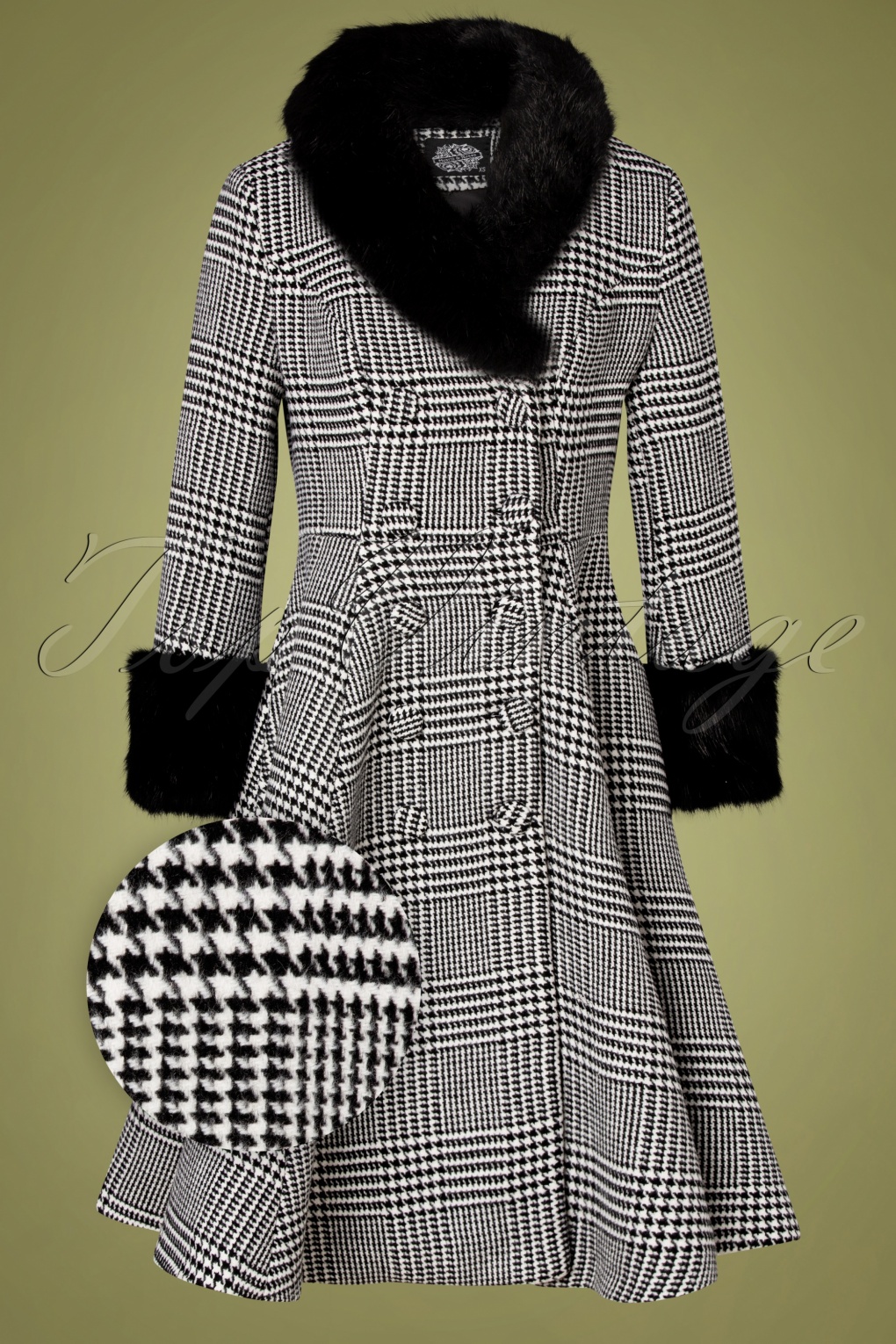 50s Gemma Houndstooth Coat in Black and White