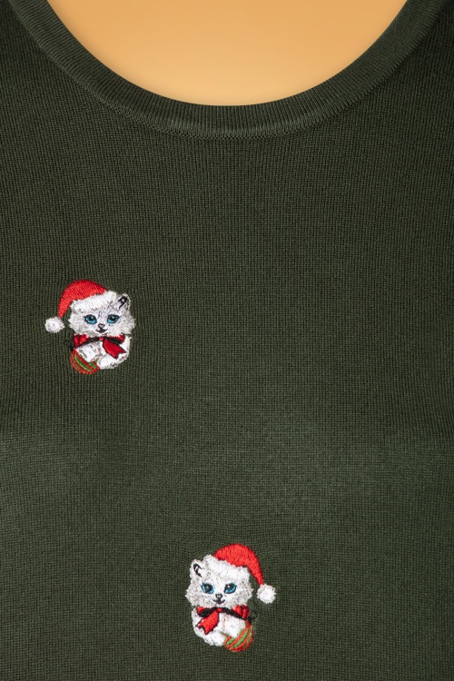 Banned Retro - 50s Holly Cat Jumper in Green 4
