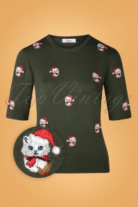 Banned Retro - 50s Holly Cat Jumper in Green