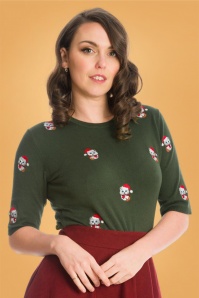 Banned Retro - 50s Holly Cat Jumper in Green 2