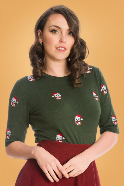 Banned Retro - 50s Holly Cat Jumper in Green 2