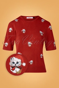 Banned Retro - 50s Holly Cat Jumper in Red