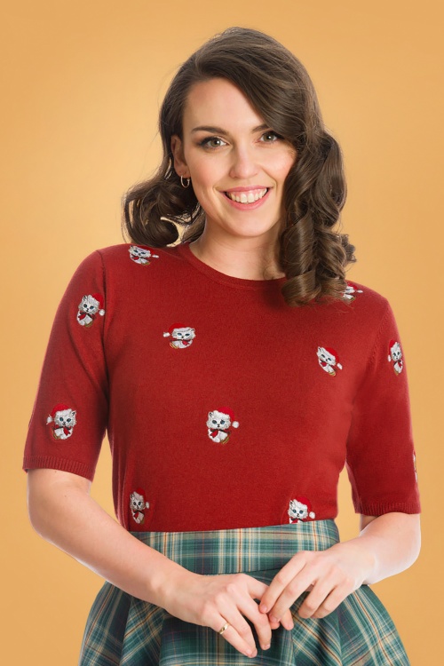 Banned Retro - 50s Holly Cat Jumper in Red 2