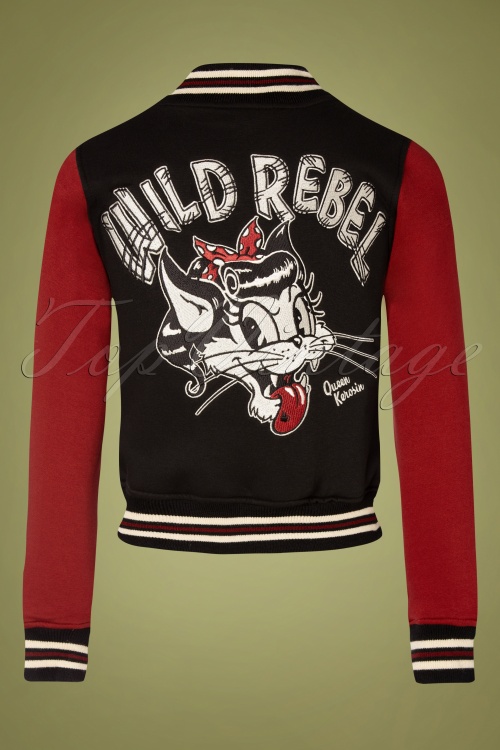Queen Kerosin - Wild Rebel Cat college jacket in zwart en bordeaux