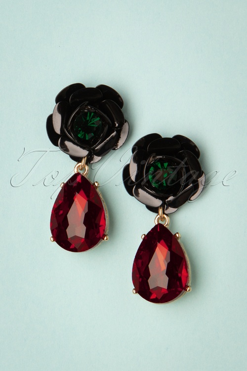 Lovely - 50s Rock And Rose Teardrop Earrings in Red and Black 2
