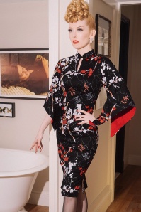 Rebel Love Clothing - 40s Forbidden City Pencil Dress in Black Blossom