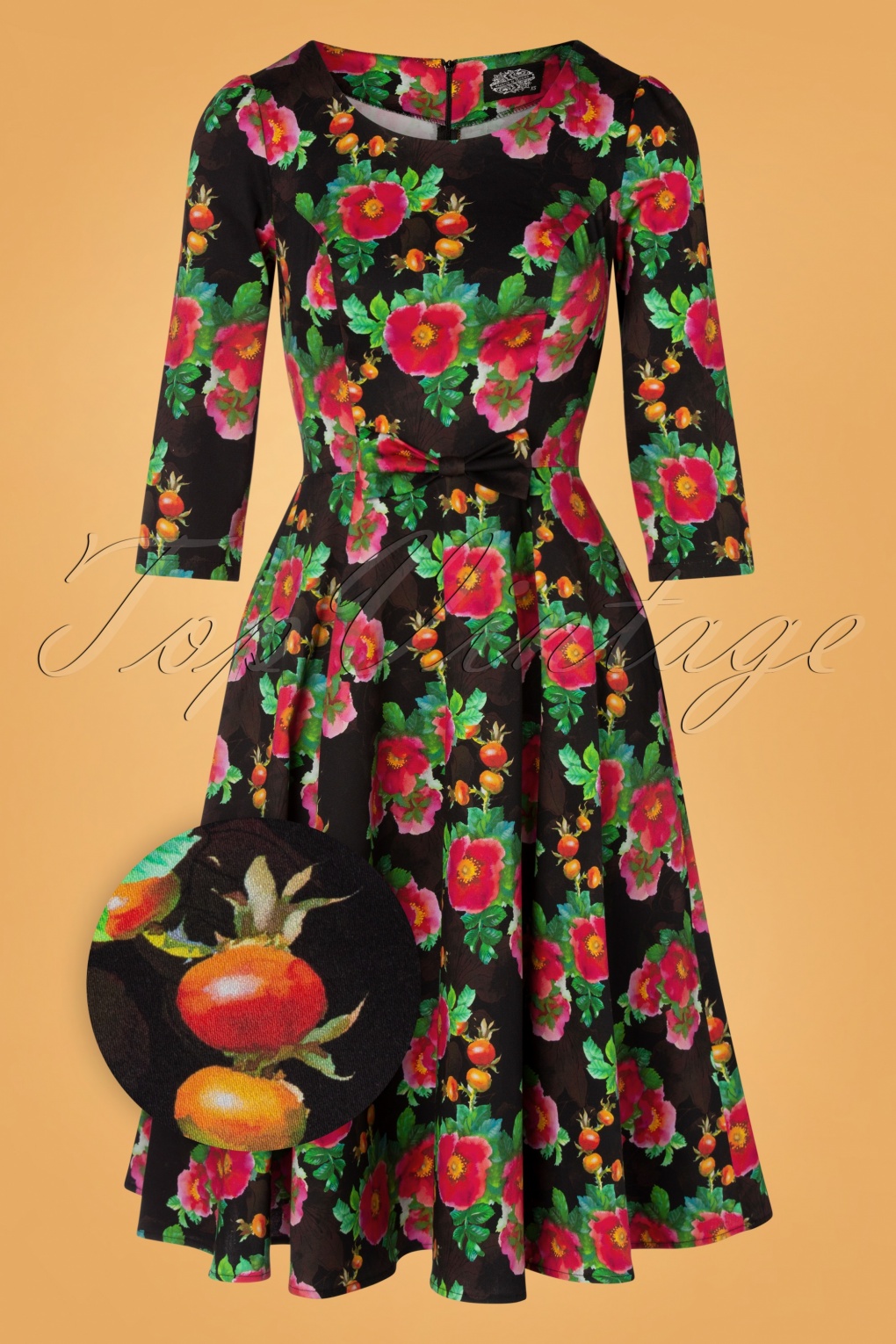 50s Berry Floral Swing Dress in Black
