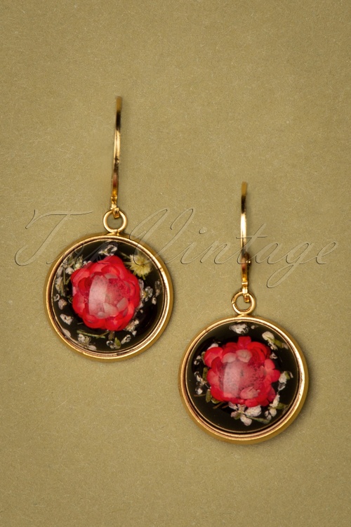 Urban Hippies - 60s Goldplated Dried Flower Dot Earrings in Red