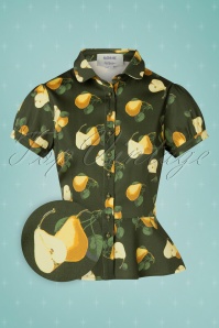 Collectif ♥ Topvintage - 50s Mary Grace Vintage Pears Blouse in Green 2