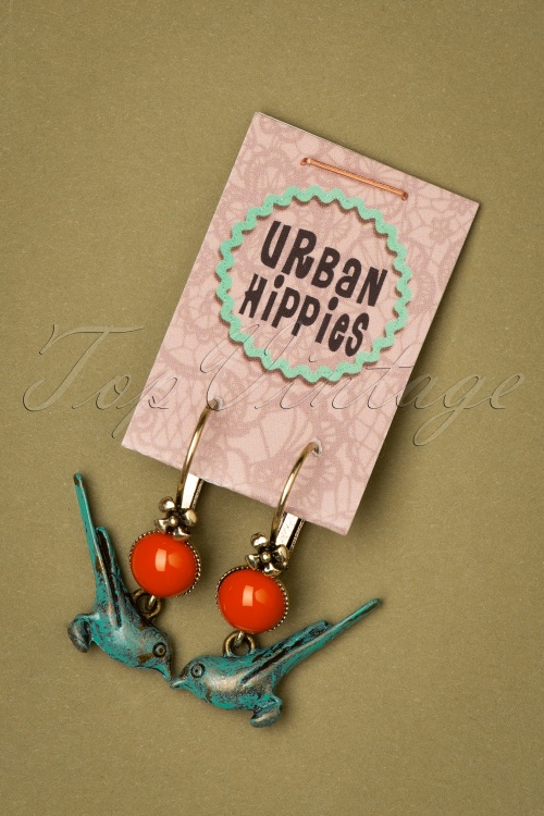 Urban Hippies - Birdie vergulde oorbellen in blauw en rood 2
