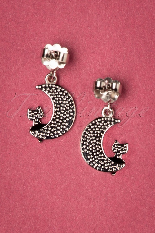 Collectif Clothing - Boucles d'oreilles Half Moon Cat des Années 50 en Noir et Argenté 3