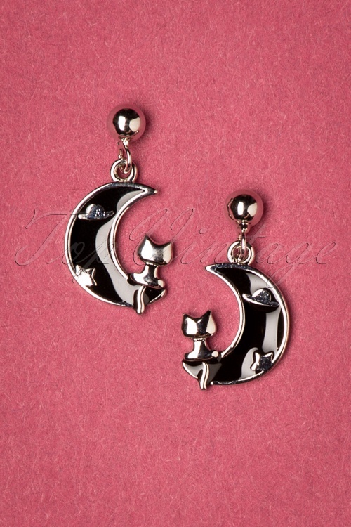 Collectif Clothing - 50s Half Moon Cat Earrings in Black and Silver