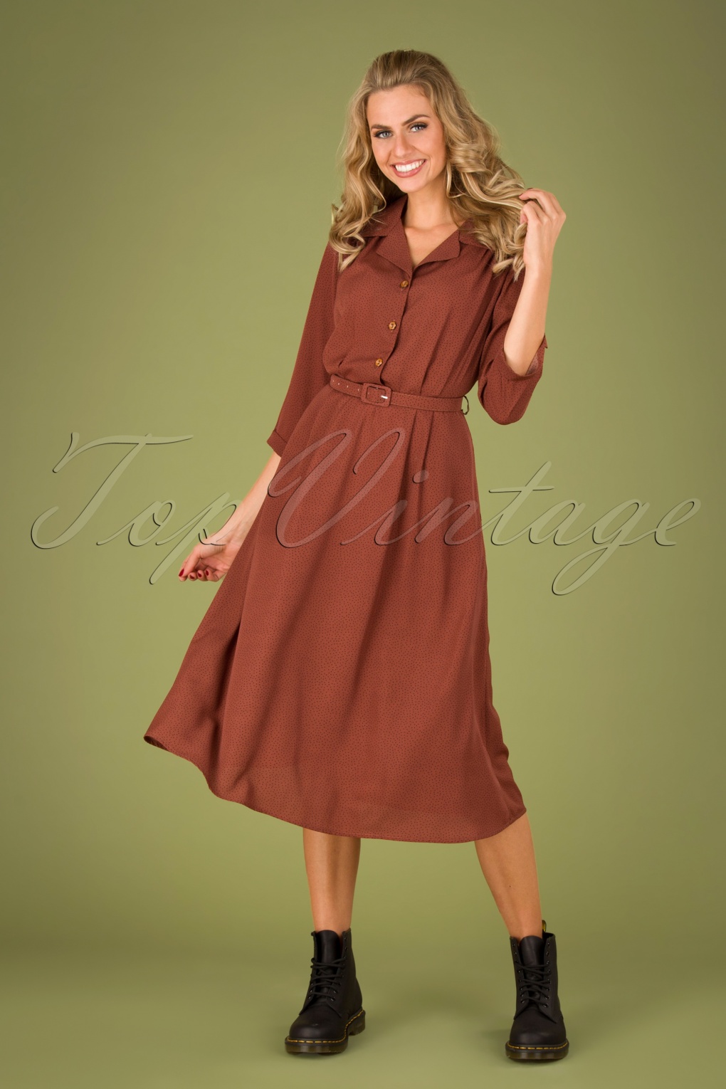 50s Miss Cute Spot Midi Swing Dress in Brown
