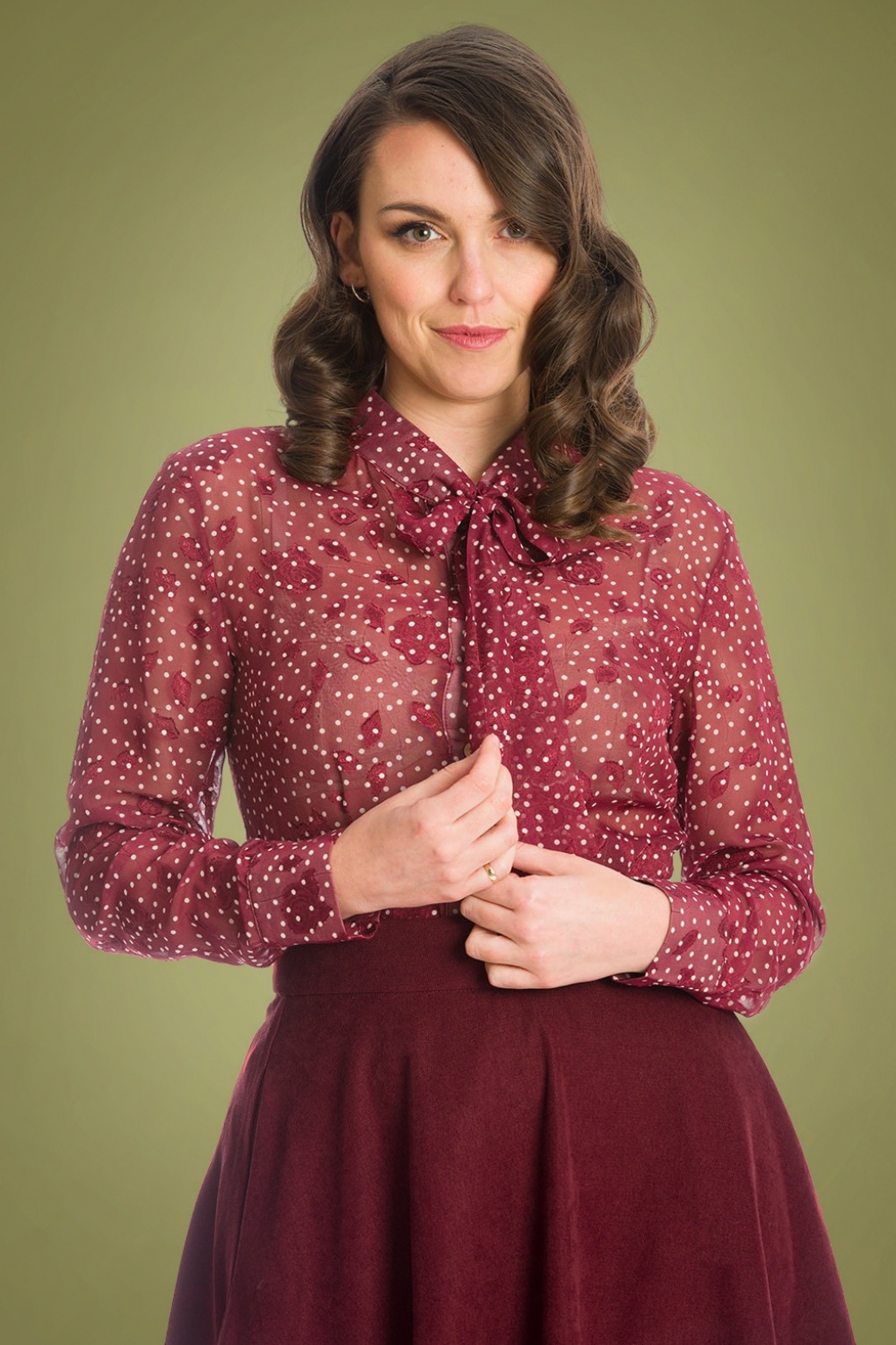 50s Rose Pussy Bow Blouse in Burgundy
