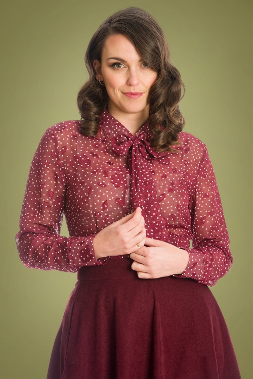 Banned Retro - 50s Rose Pussy Bow Blouse in Burgundy