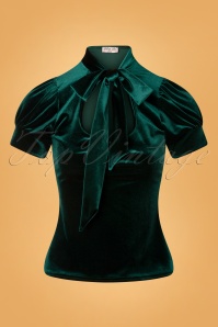 Vintage Chic for Topvintage - Bonnie fluweel top met strikhals in groen