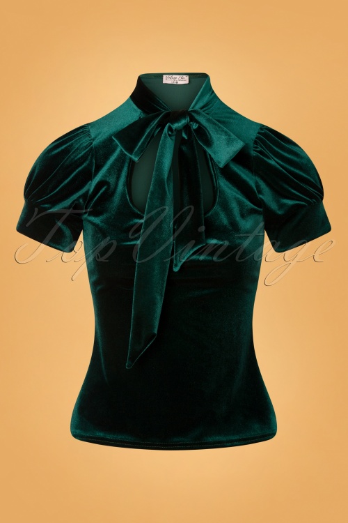 Vintage Chic for Topvintage - Bonnie fluweel top met strikhals in groen