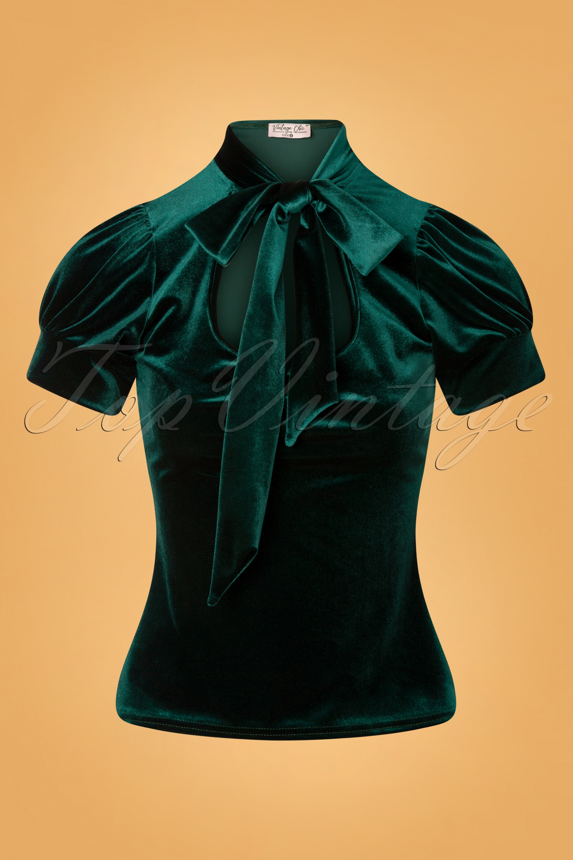 Vintage Chic for Topvintage - Bonnie fluweel top met strikhals in groen