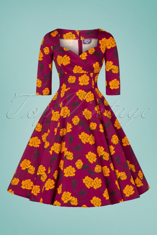 Topvintage Boutique Collection - Exklusiv bei TopVintage ~ Amelia Floral Swing Kleid mit langen Ärmeln in Magenta Lila 4