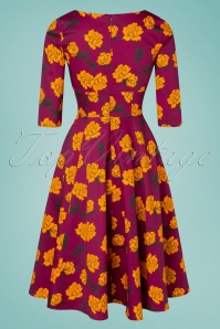 Topvintage Boutique Collection - Exclusief TopVintage ~ Amelia Swing jurk met lange mouwen en bloemen in magenta paars 7