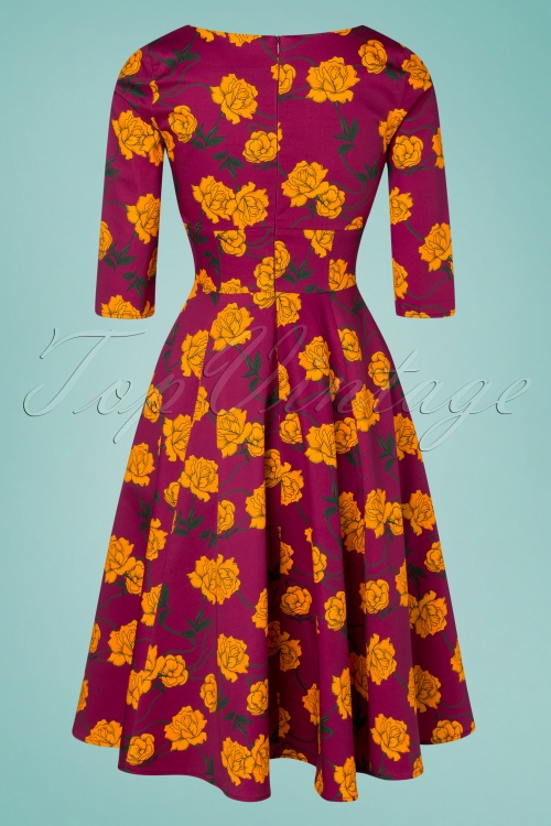 Topvintage Boutique Collection - Exklusiv bei TopVintage ~ Amelia Floral Swing Kleid mit langen Ärmeln in Magenta Lila 7