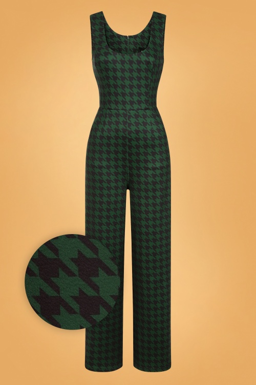 Collectif Clothing - 50s Gael Houndstooth Pinafore Jumpsuit in Green