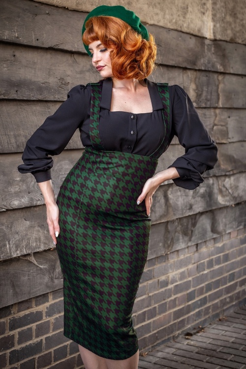 Collectif Clothing - Karen Houndstooth Suspender Pencil Skirt Années 50 en Vert