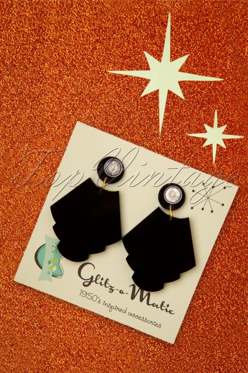 Glitz-o-Matic - Boucles d'Oreilles Pendantes Art Déco Années 20 en Noir et Doré 3