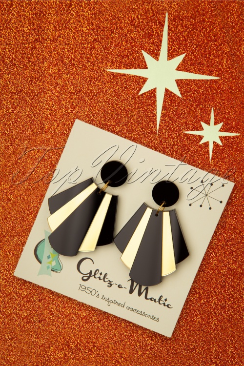 Glitz-o-Matic - Boucles d'Oreilles Pendantes Art Déco Années 20 en Noir et Doré