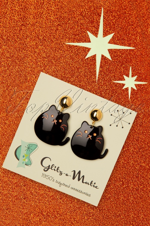 Glitz-o-Matic - Boucles d'oreilles Cute Kitty Années 50 en Noir et Doré