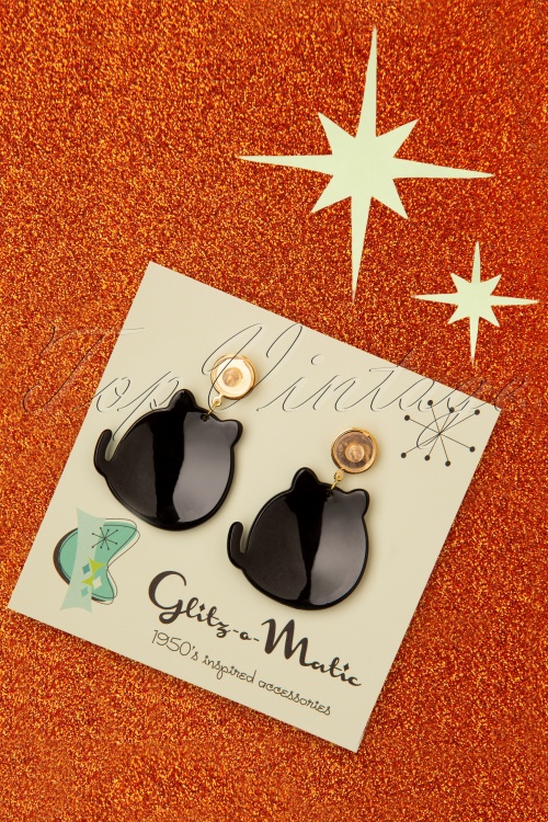Glitz-o-Matic - Boucles d'oreilles Cute Kitty Années 50 en Noir et Doré 3