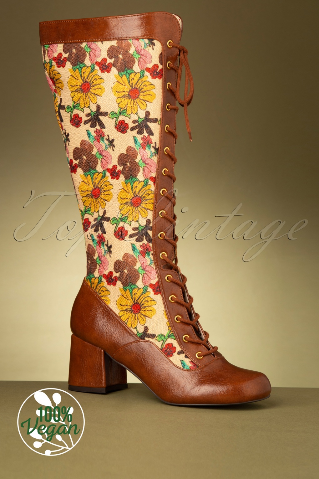 60s Callista Floral Linen Boots in Brown