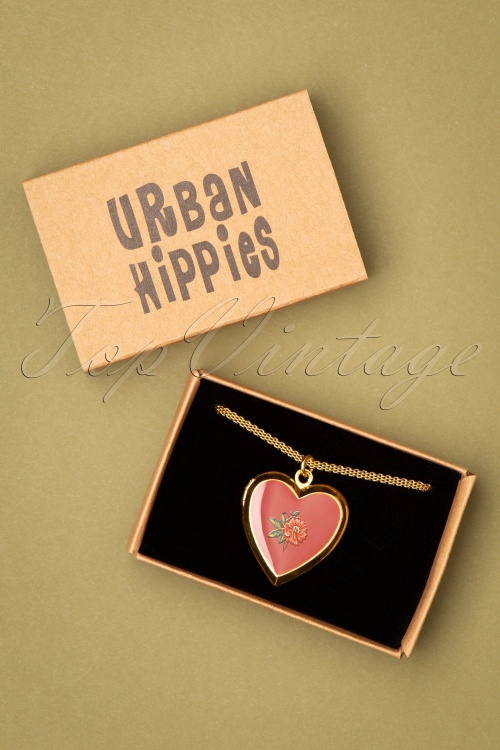 Urban Hippies - 70s Locket Flower Love Necklace in Gold and Antique Pink