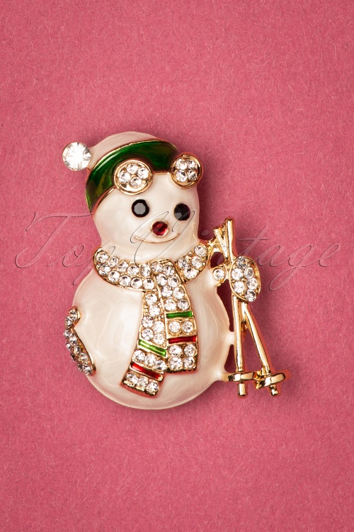 Collectif Clothing - 50s Skiing Snowman Brooch in White