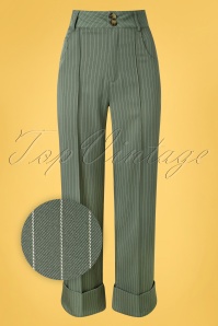 Vixen - 40s Turn Up Pinstripe Trousers in Green
