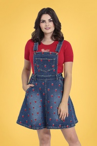 Bunny - 50s Strawberry Denim Pinafore Dress in Blue