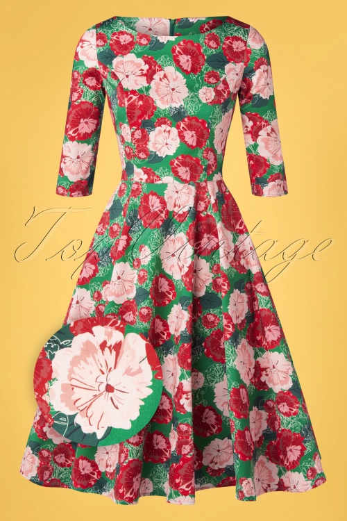 Topvintage Boutique Collection - Exclusief bij Topvintage ~ Adriana Floral Swing Jurk met lange mouwen in groen 3