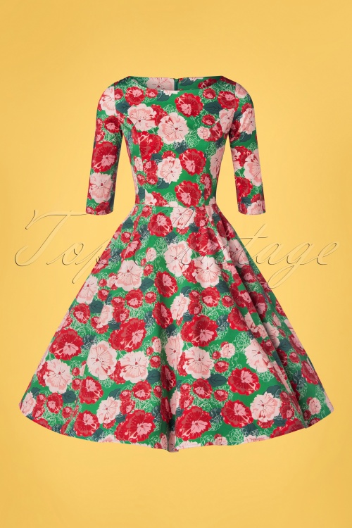 Topvintage Boutique Collection - Exclusief bij Topvintage ~ Adriana Floral Swing Jurk met lange mouwen in groen 5