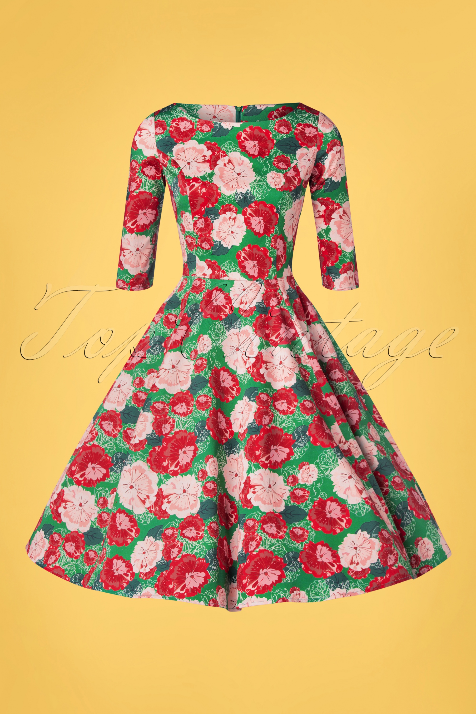 Topvintage Boutique Collection - Exclusief bij Topvintage ~ Adriana Floral Swing Jurk met lange mouwen in groen 5