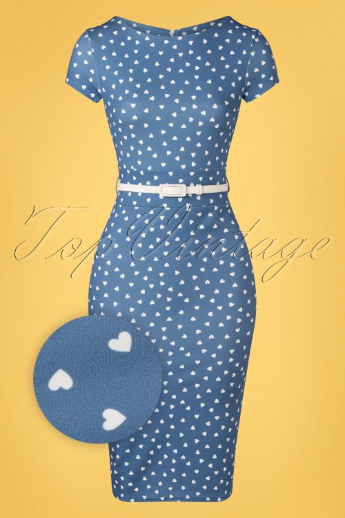 Vintage Chic for Topvintage - Hannah hearts pencil jurk in blauw en wit 2
