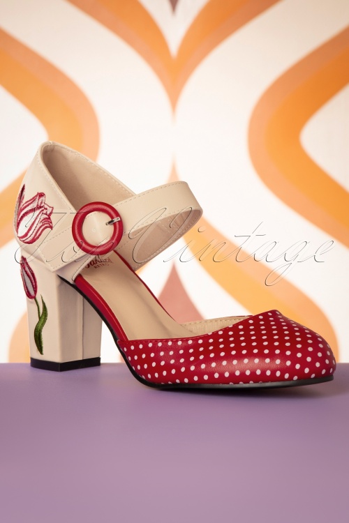 Banned 40763 Shoes Polkadots Red Beige Pumps Flowers 220128 607