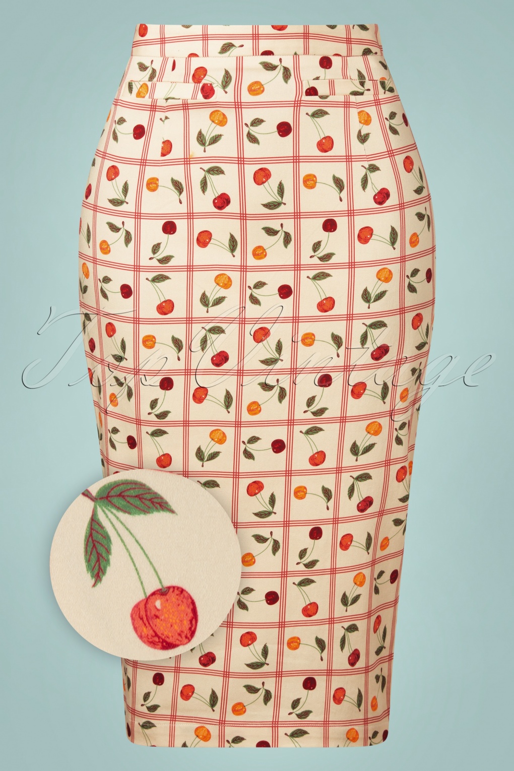 50s Country Cherry Pencil Skirt in Off White