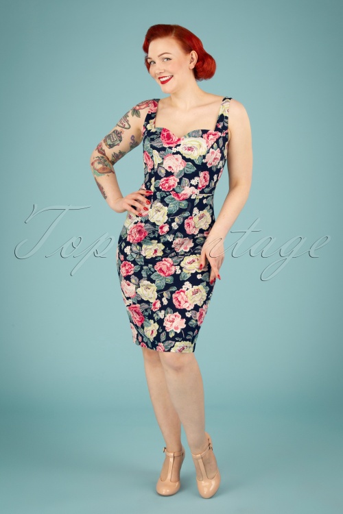 Banned Retro - 50s Rose Bloom Pencil Dress in Navy