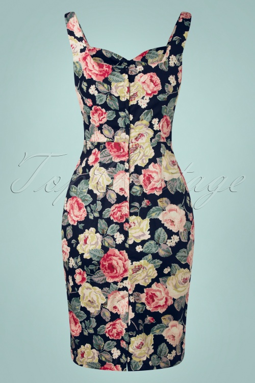Banned Retro - 50s Rose Bloom Pencil Dress in Navy 4