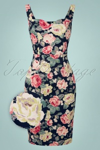 Banned Retro - 50s Rose Bloom Pencil Dress in Navy 2
